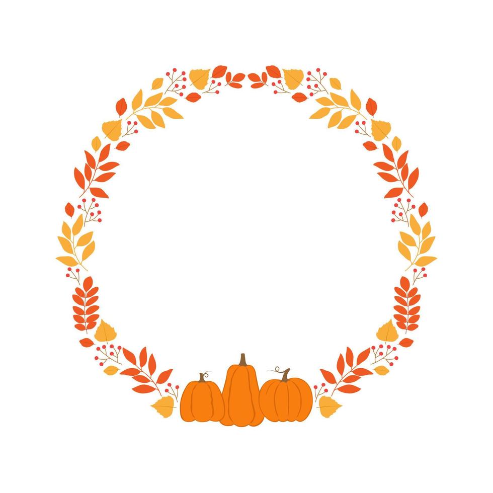 Round frame with autumn twigs, berries and pumpkins. Template for autumn decorative design vector