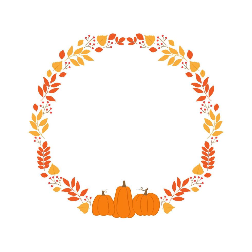 Round frame with autumn twigs, berries and pumpkins. Template for autumn decorative design vector