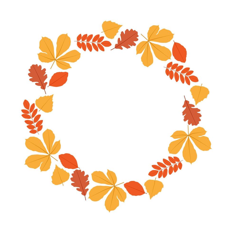 Round frame with autumn leaves. Template for autumn decorative design. Isolated vector illustration