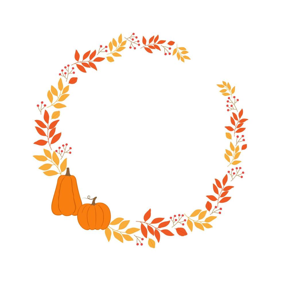 Round frame with autumn twigs, berries and pumpkins. Template for autumn decorative design vector