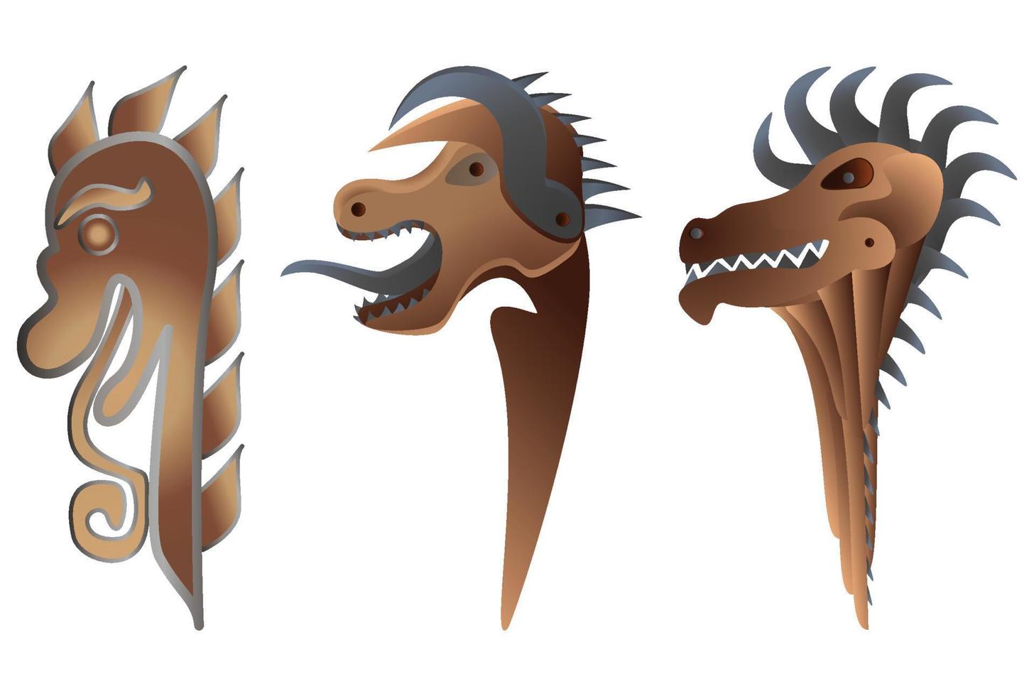 Dragon Head Set in realistic style. Wooden sculpture. Viking drakkar. Norway long boat. Colorful vector illustration isolated on white background.