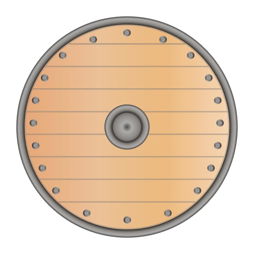 Viking wooden shield in realistic style. Viking weapons. Colorful vector illustration isolated on white background.