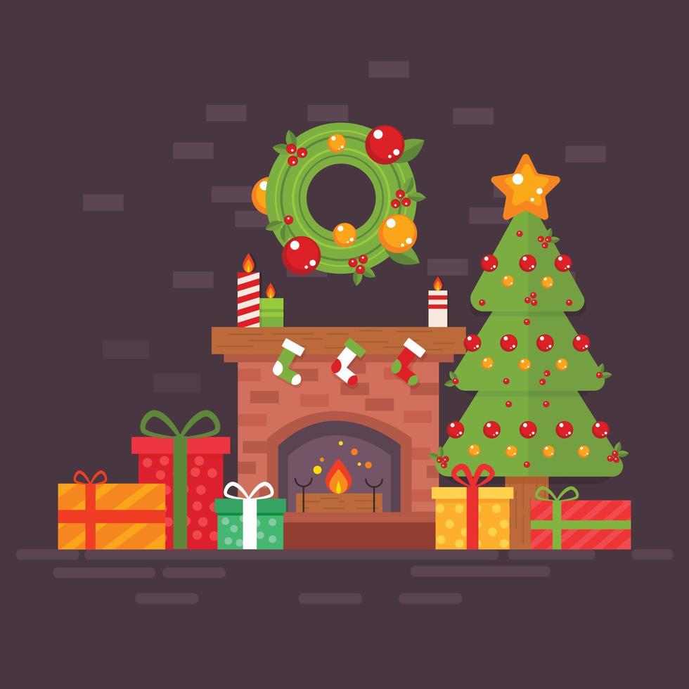 festive Christmas fireplace tree with gift box fire vector