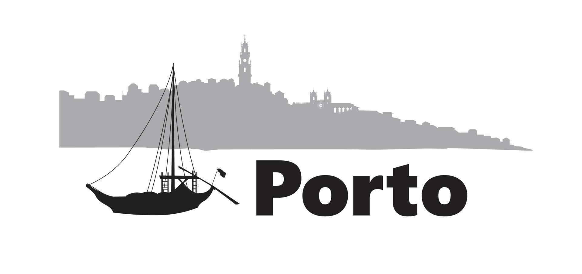 banner horizontal de la ciudad de portugal oporto. rotulación porto con barco portugués tradicional y silueta de horizonte de paisaje urbano vector