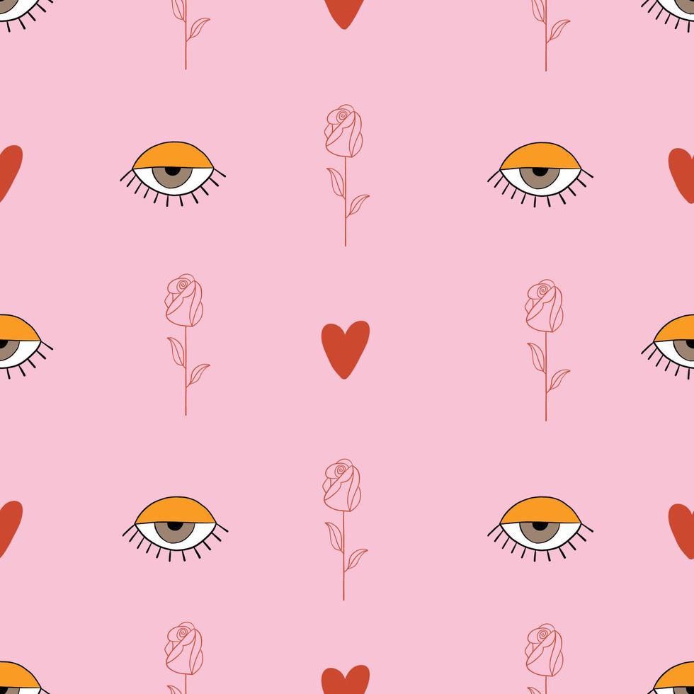 patrón impecable con elementos boho - ojo, rosa, corazón. fondo rosa fondo floral esotérico. ilustración vectorial de estilo escandinavo dibujada a mano. textura de moda para impresión, textil, embalaje vector