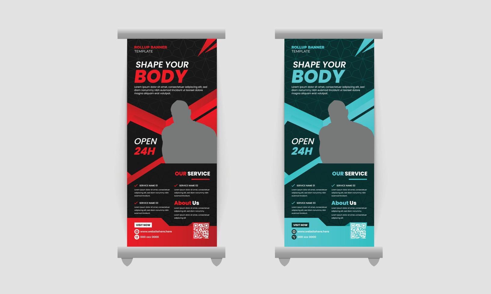 culturismo de fitness moderno y pancarta enrollable de gimnasio única, stand x banner plantilla de diseño mínimo vector