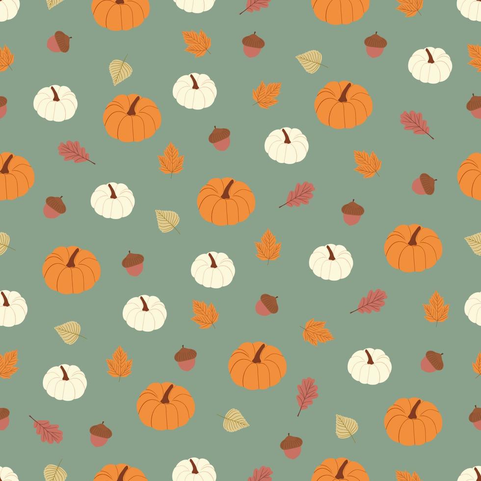 Seamless pattern with different colors pumpkins, leaves and acorn. Autumn background. Pattern for thanksgiving, halloween, gift wrapping or textile vector