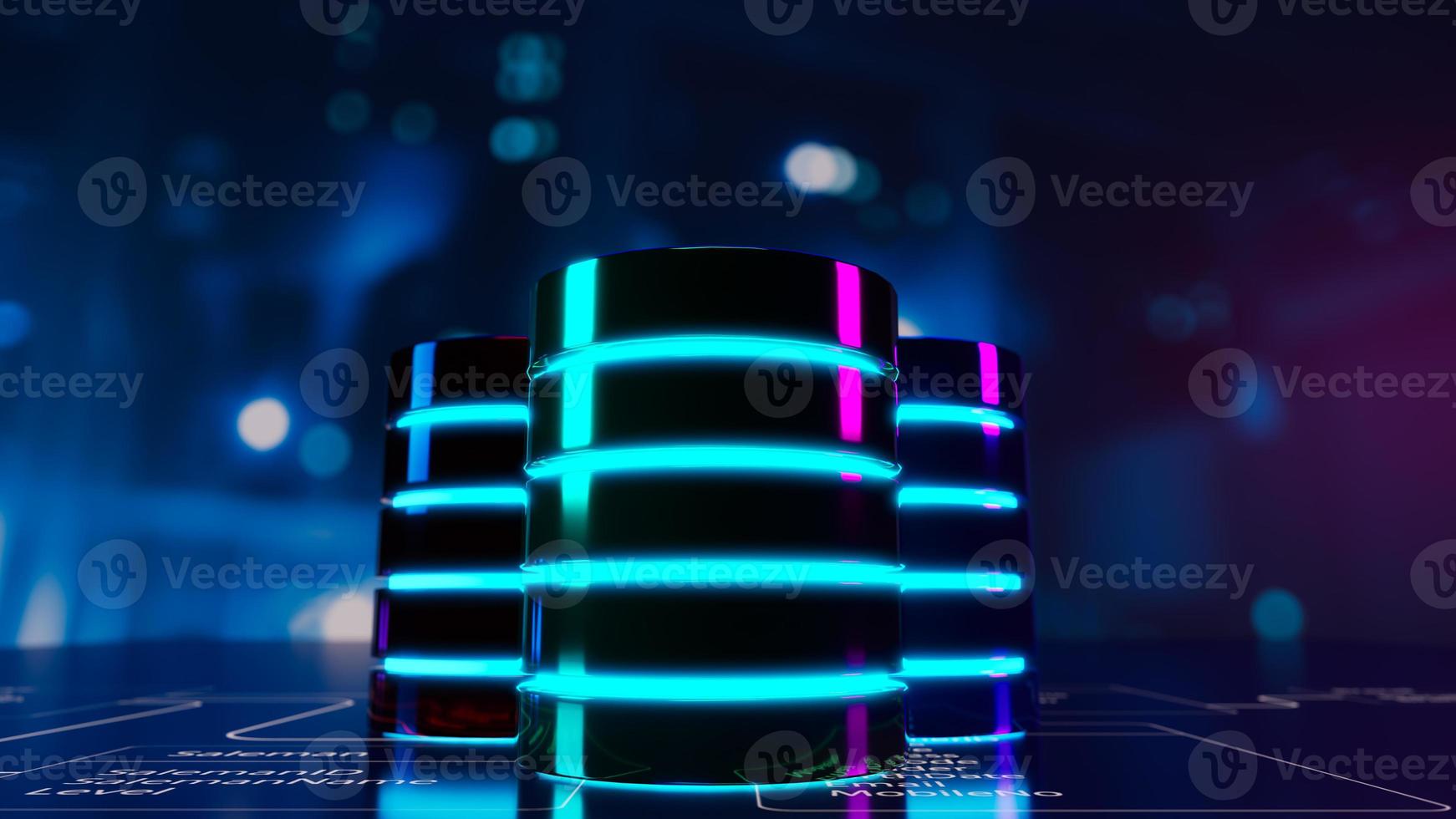 Multiple database is placed on Relational database tables with server room and datacenter background. Concept of database server, SQL, data storage, database diagram design. 3D illustration. photo