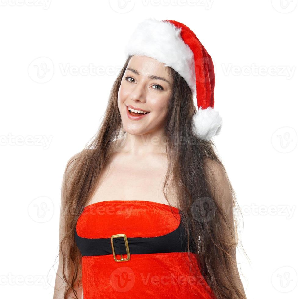 happy joyful miss santa wearing sexy christmas costume photo