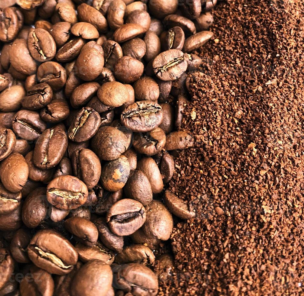 Coffee beans and ground coffee. Photo of coffee beans. Macro photography