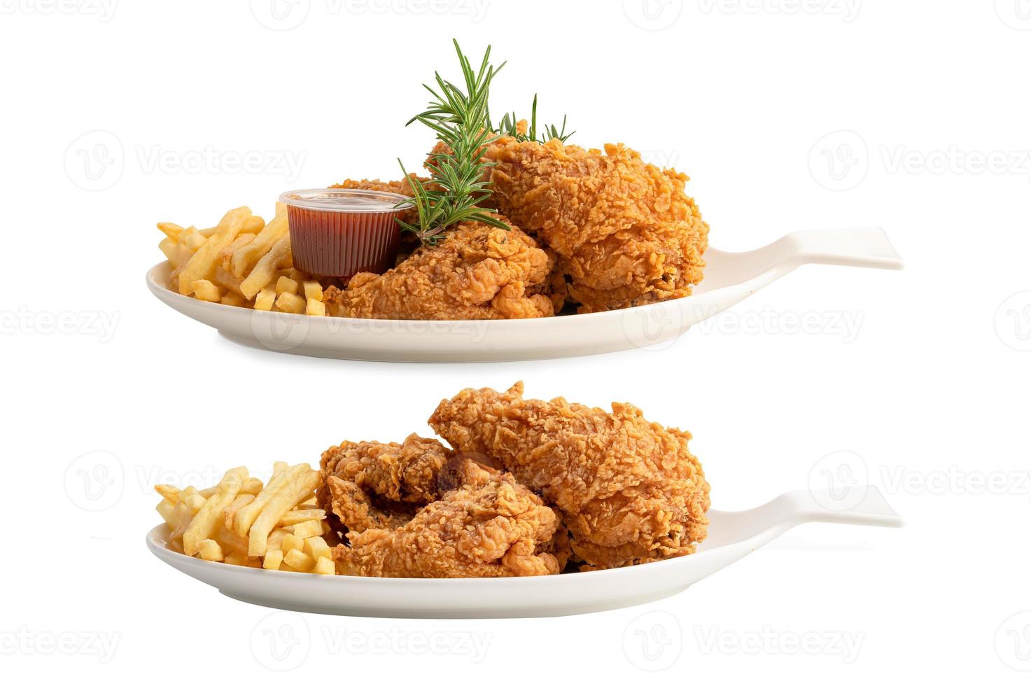 Fried chicken and potato chip served on white plate isolated on white background with clipping path, Junk food high calorie photo