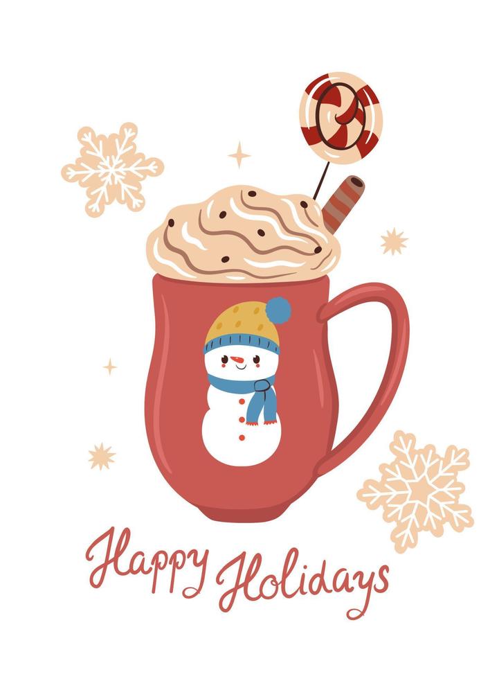 Postcard with winter holiday hot drink. Vector graphics.