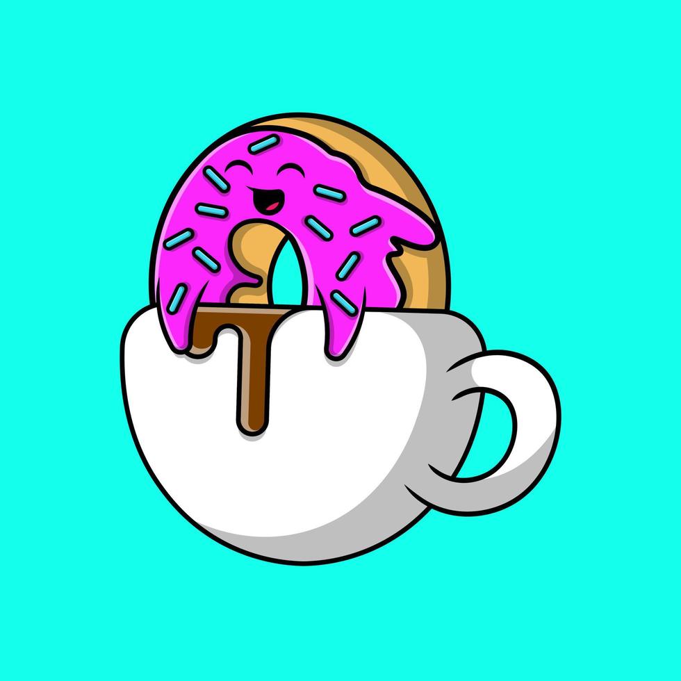 donut lindo en la ilustración de iconos de vector de dibujos animados de taza de café. concepto de caricatura plana. adecuado para cualquier proyecto creativo.