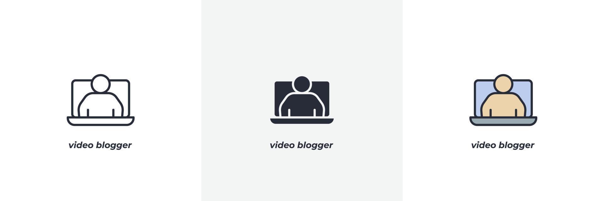 icono de blogger de video. línea, versión en color de contorno sólido y relleno, contorno y signo de vector relleno. símbolo de idea, ilustración de logotipo. gráficos vectoriales