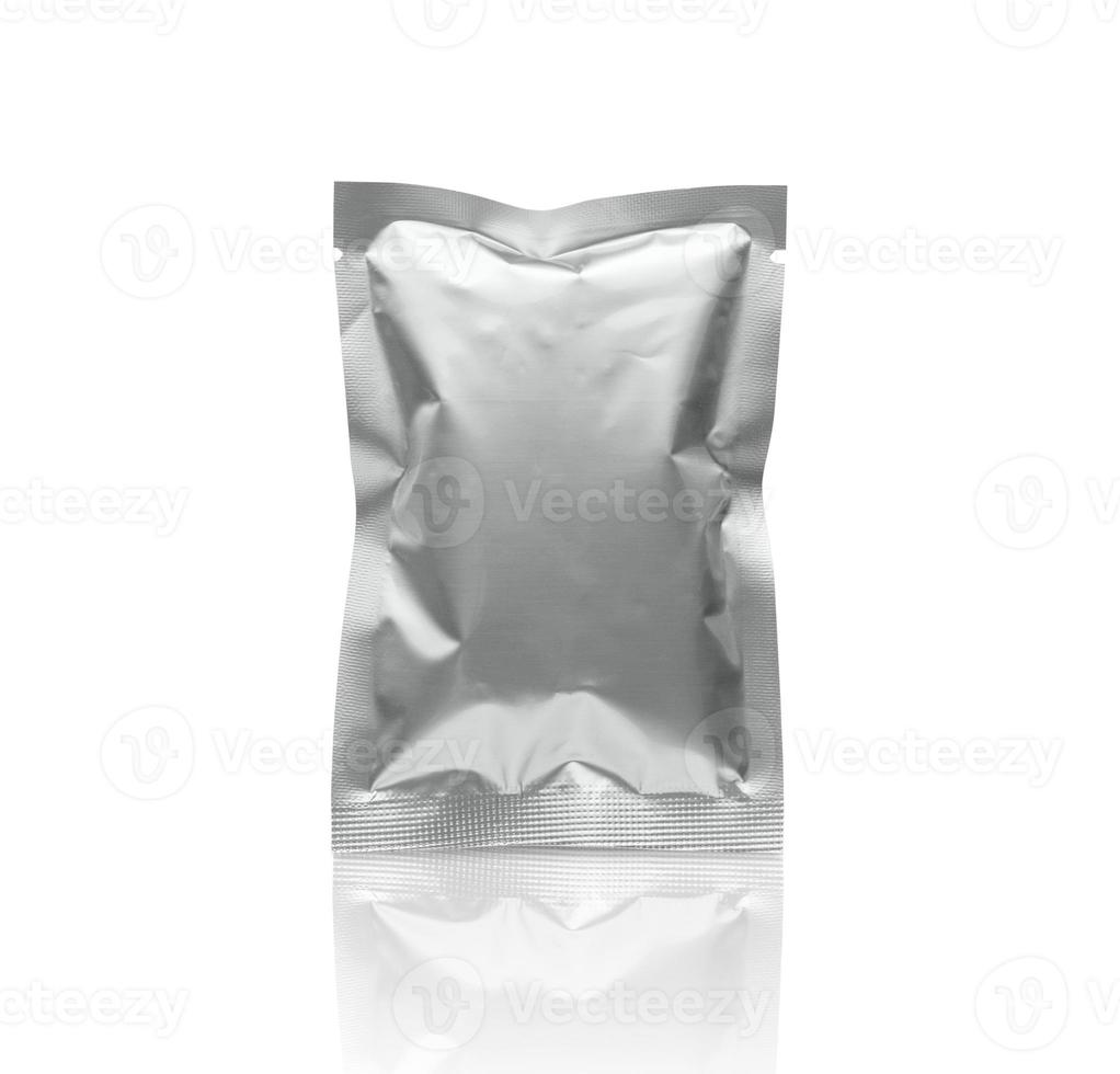 Blank silver metallic packaging foil sachet bag isolated on white background with clipping path photo