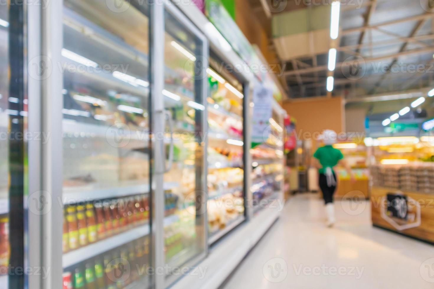 supermarket aisle with commercial refrigerators freezer showing frozen foods abstract blur background photo
