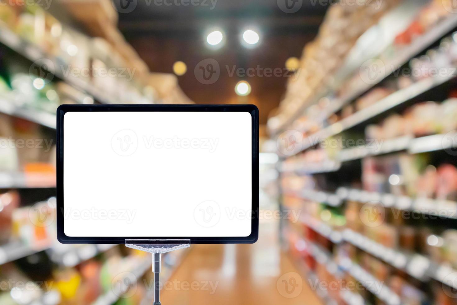 Mock up blank price board poster sign display with supermarket aisle abstract background photo