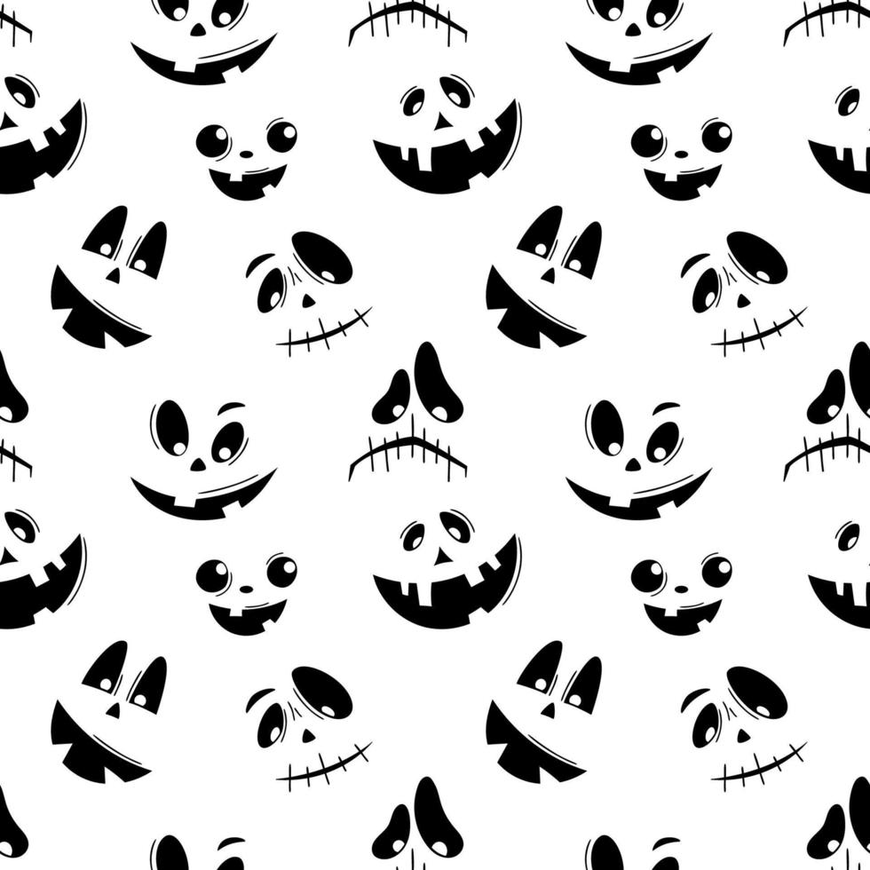 Seamless pattern with emotions halloween pumpkins on white background. Funny faces for scrapbook digital paper, textile print, page fill. Vector illustration