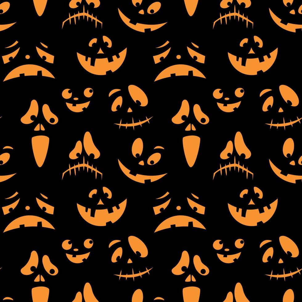 Seamless pattern with orange emotions halloween pumpkins on a black background. Funny faces for scrapbook digital paper, textile print, page fill. Vector illustration