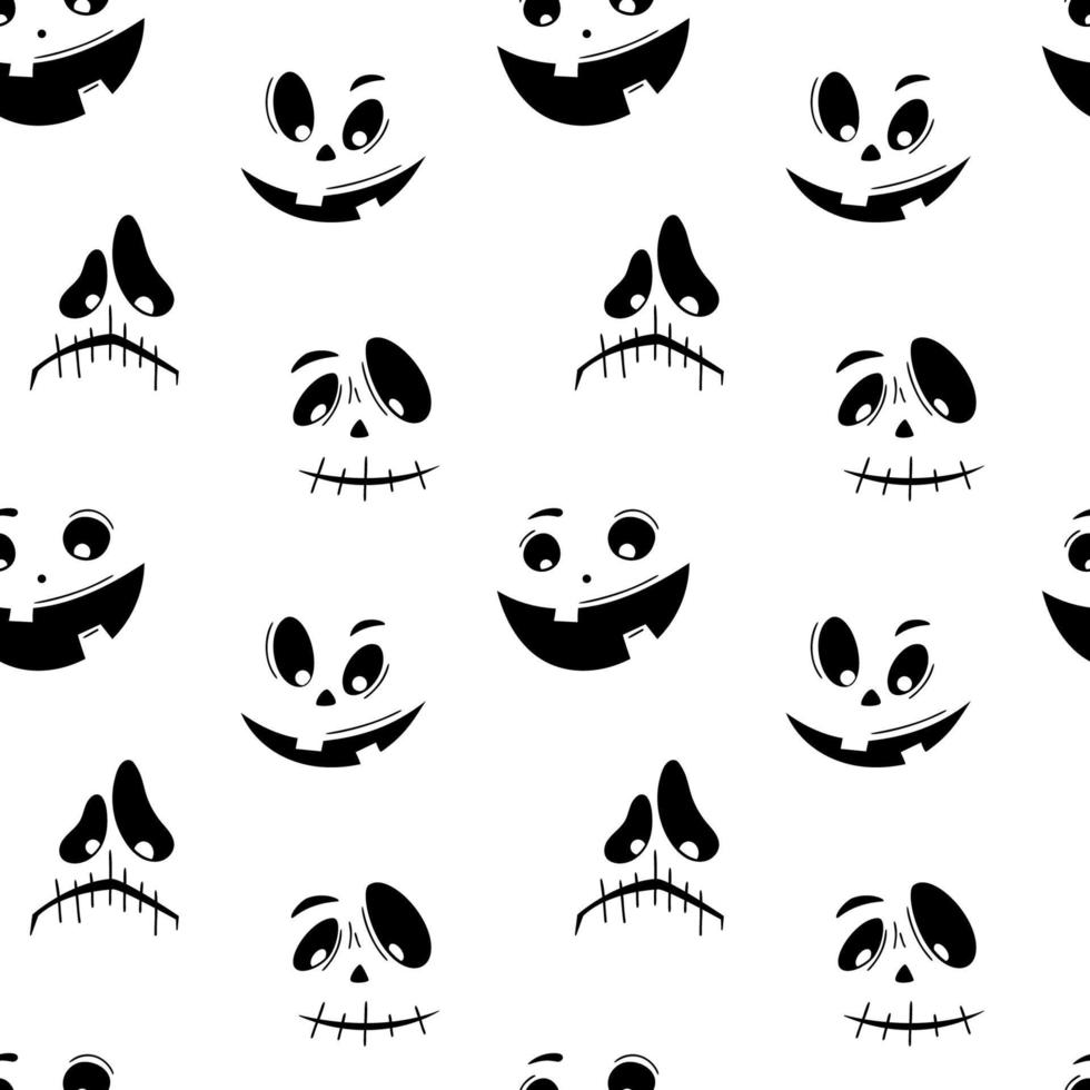 Seamless pattern with emotions halloween pumpkins on white background. Funny faces for scrapbook digital paper, textile print, page fill. Vector illustration