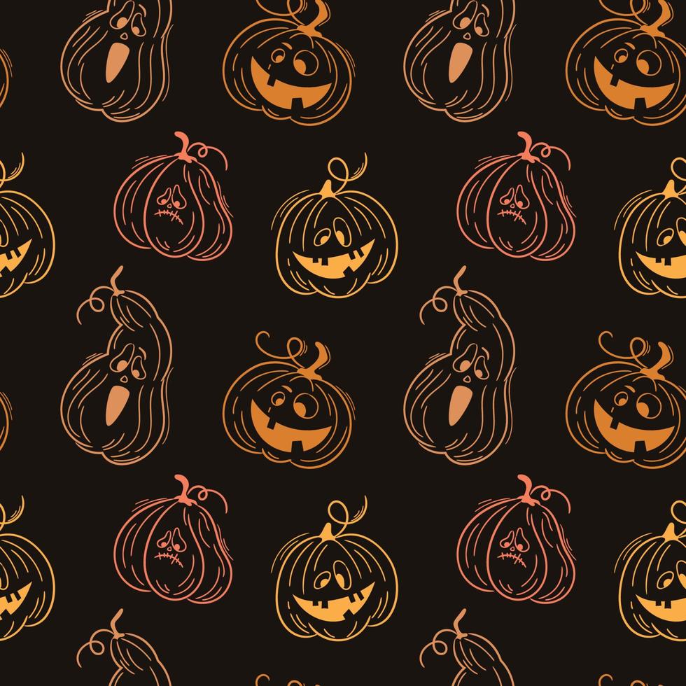 Seamless pattern with emotions halloween pumpkins on dark background. Cute hand drawn pumpkins. Funny faces for scrapbook digital paper, textile print, page fill. Vector illustration