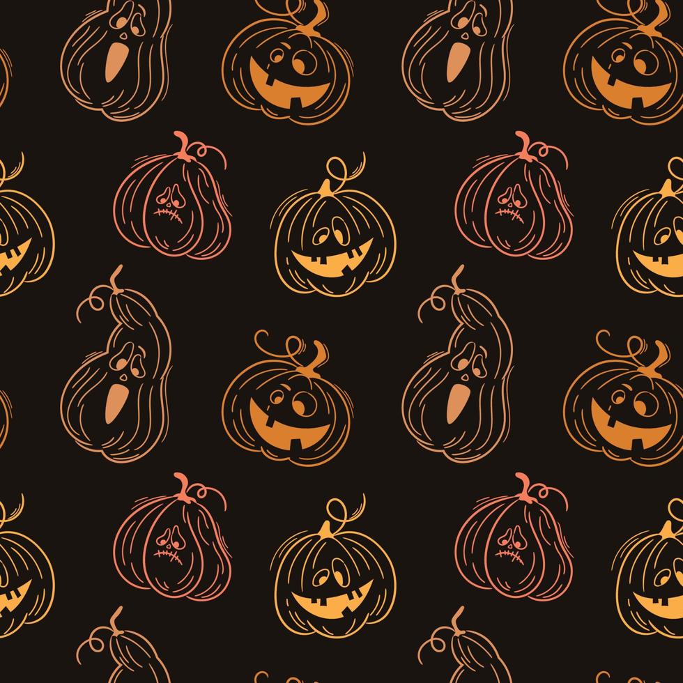 patrón sin costuras con emociones calabazas de halloween sobre fondo oscuro. lindas calabazas dibujadas a mano. caras divertidas para papel digital de álbum de recortes, impresión textil, relleno de página. ilustración vectorial vector