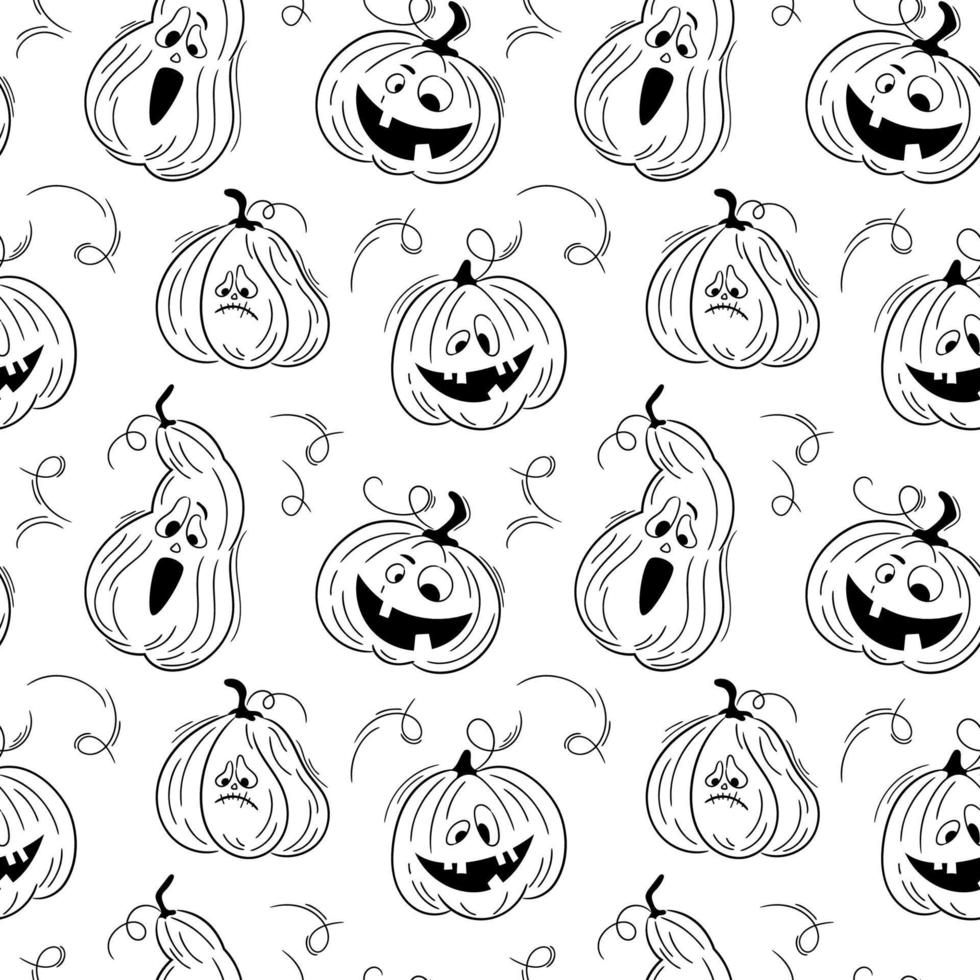 patrón sin costuras con emociones calabazas de halloween sobre fondo blanco. lindas calabazas dibujadas a mano. caras divertidas para papel digital de álbum de recortes, impresión textil, relleno de página. vector