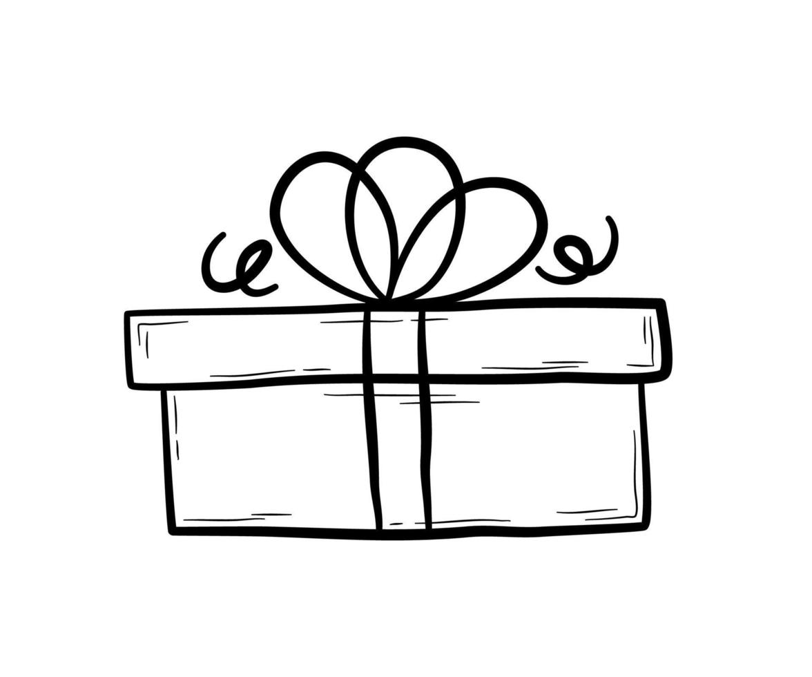 Hand drawn gift box with bow.   Holiday present, design element for party, celebration.  Flat vector illustration in doodle style.