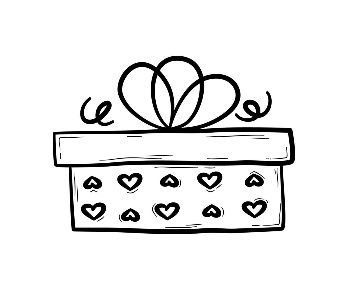 Hand drawn gift box with bow and hearts.   Holiday present, design element for party, celebration.  Flat vector illustration in doodle style.