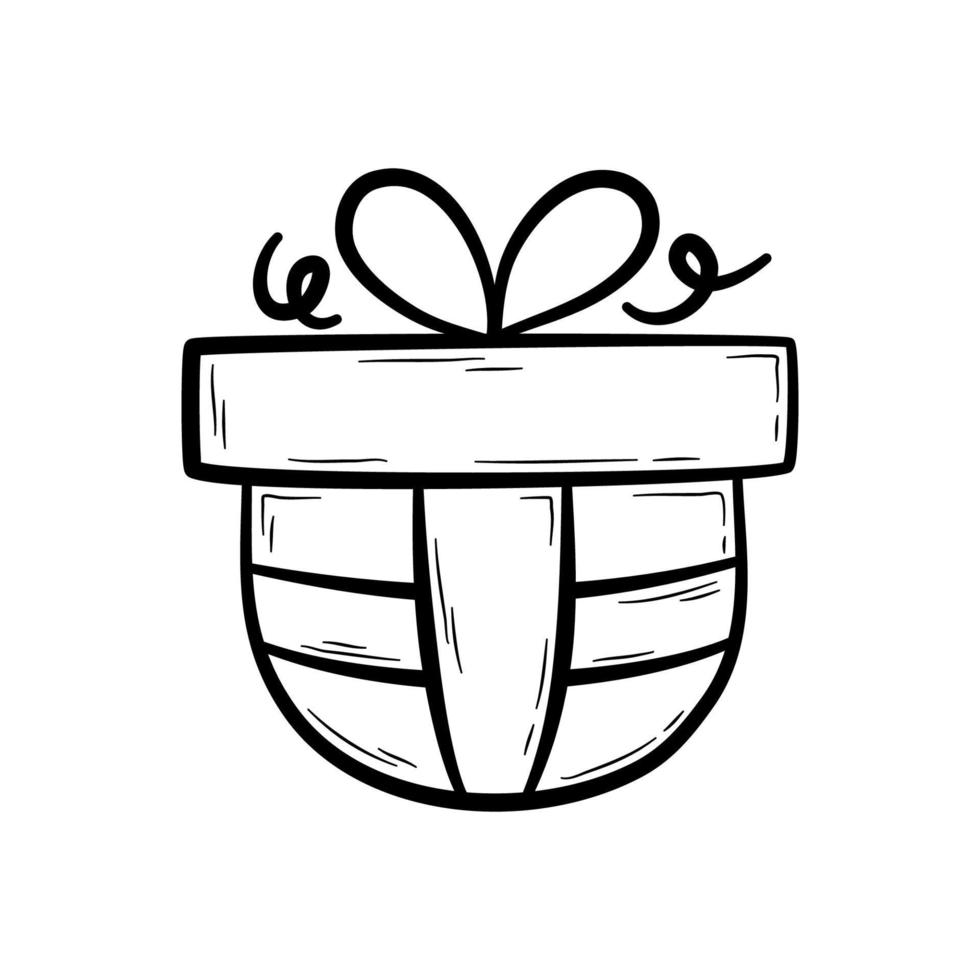 Hand drawn gift box with bow.   Holiday present, design element for party, celebration.  Flat vector illustration in doodle style.