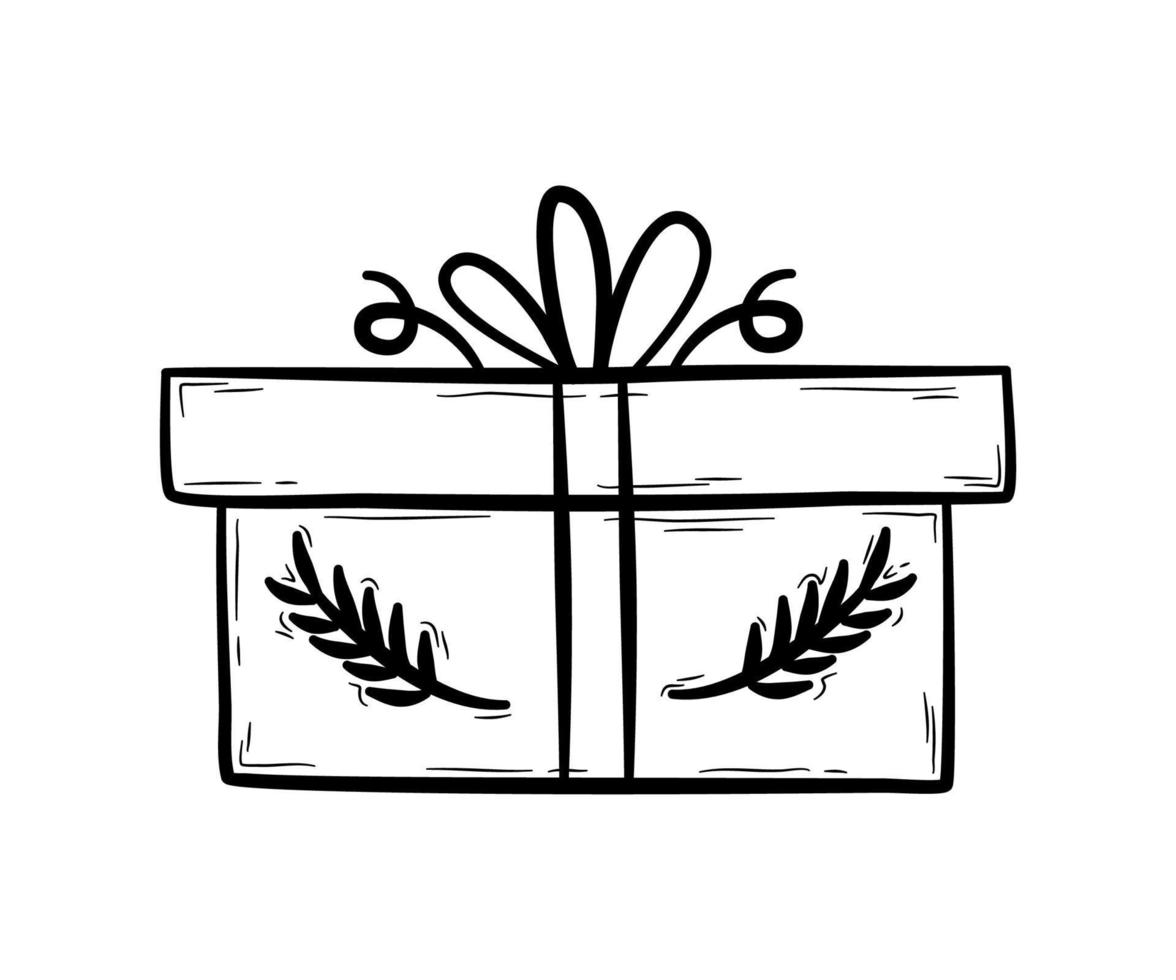 Hand drawn gift box with bow and branch print.   Holiday present, design element for party, celebration.  Flat vector illustration in doodle style.
