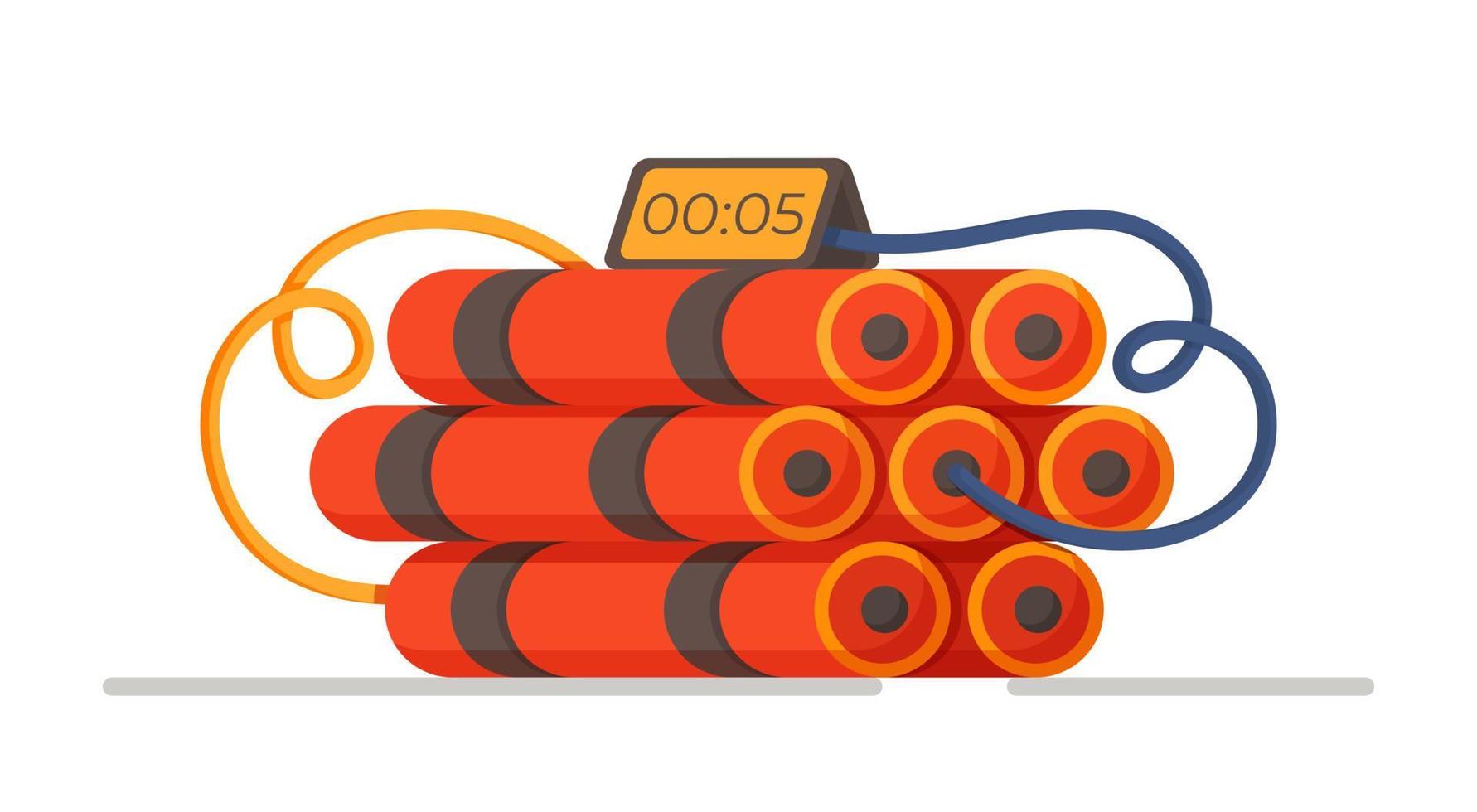 Vector illustration dynamite pack. Red detonating fuse with countdown.