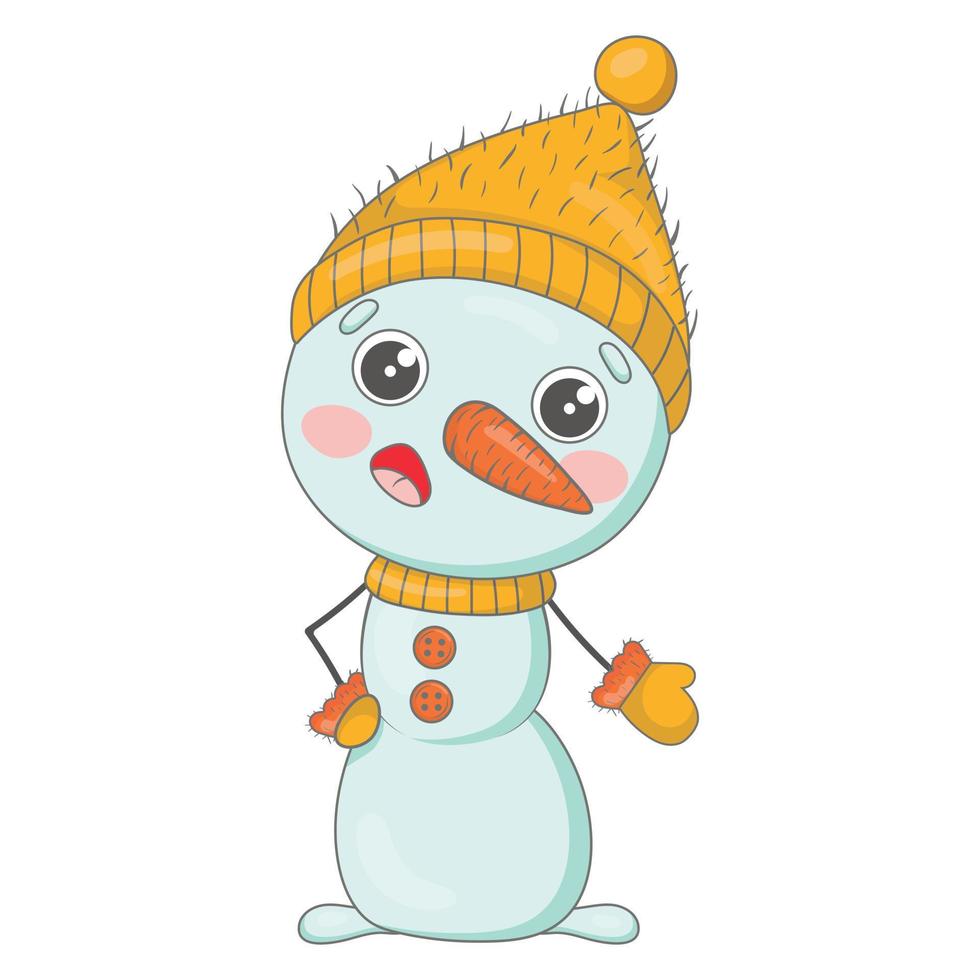 lindo muñeco de nieve de dibujos animados en un gorro de punto amarillo tejido y bufanda se regocija en navidad y año nuevo vector