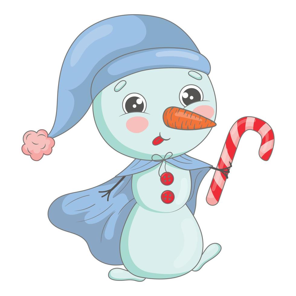 cute cartoon snowman in a blue hat and raincoat walks holding a striped lollipop vector