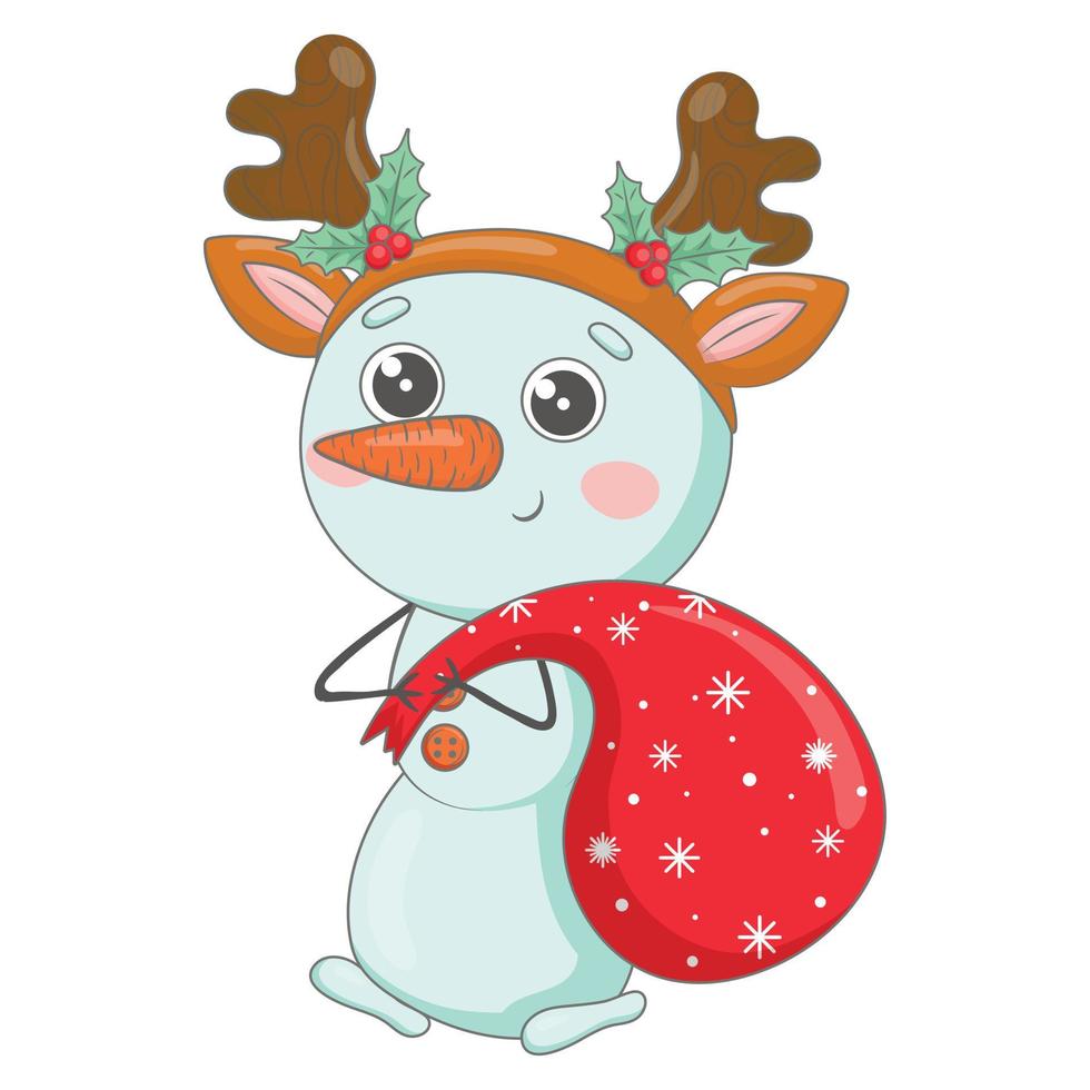 Cute cartoon snowman in a hoop with deer antlers and holly carries a red bag with Christmas gifts vector