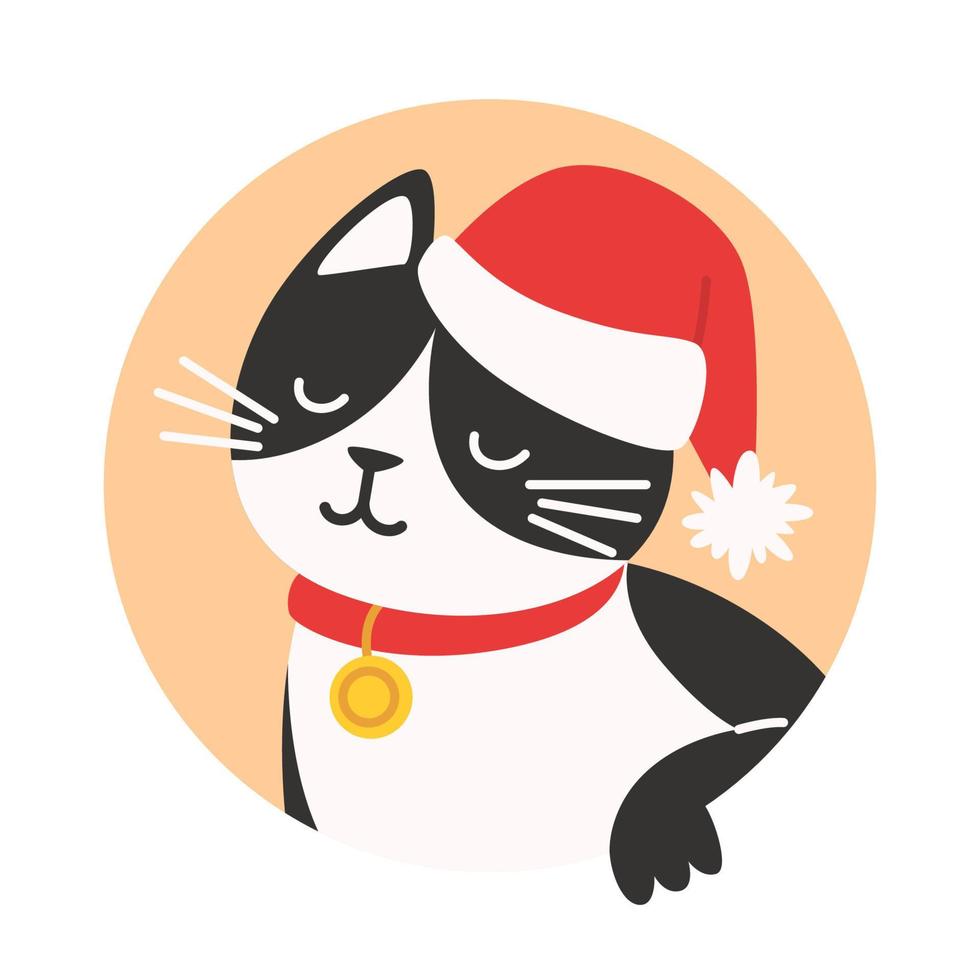 Portrait of black and white cat in a Santa hat, avatar in flat style vector