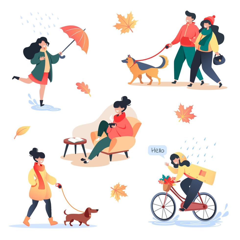 Collection of flat style characters on warm autumn day vector