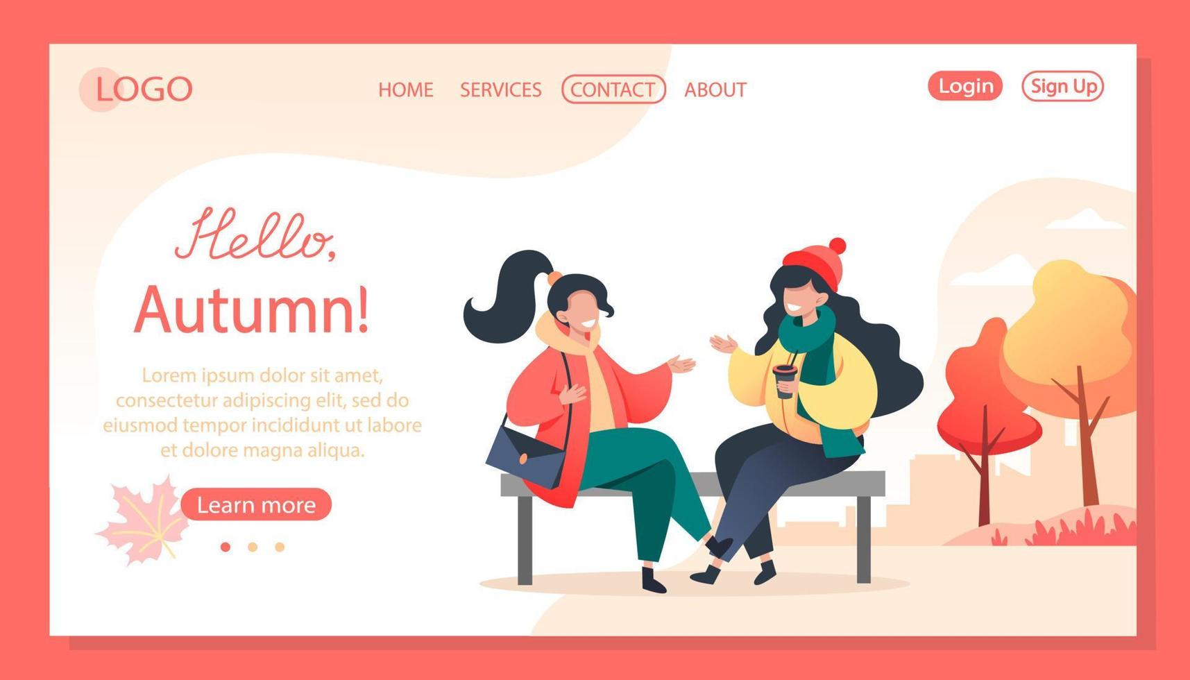 Young women sit on a bench in an autumn park and communicate vector
