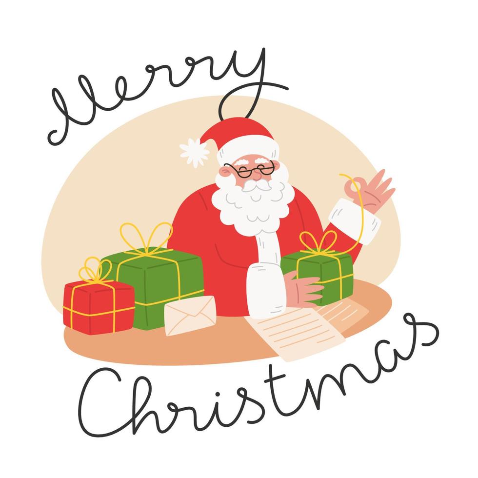 Santa Claus is packing Christmas presents in flat style vector