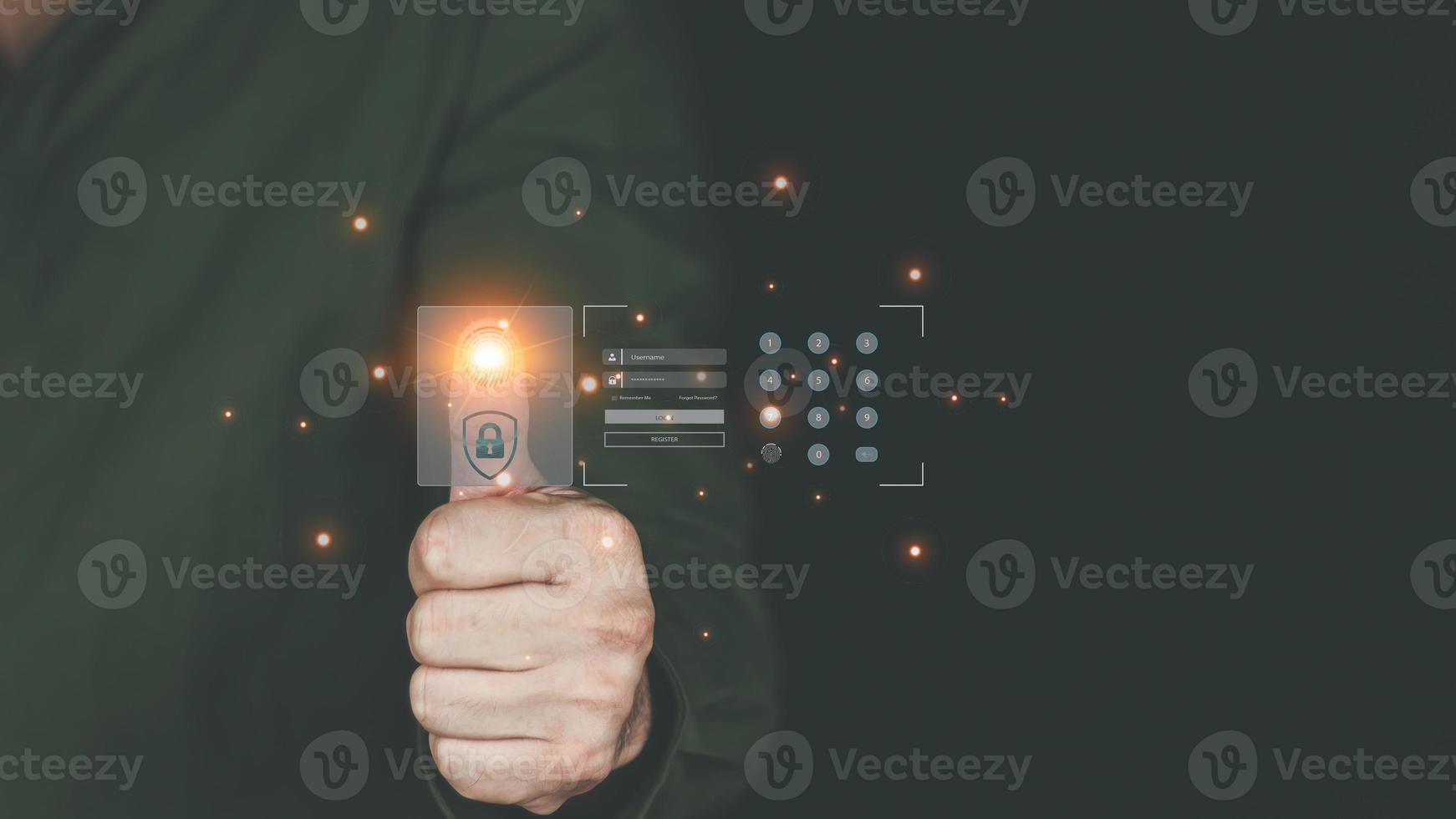 cyber security concept man's hand using a smartphone to the system through the fingerprint scanner Store data into online Cloud Data storag for security. photo