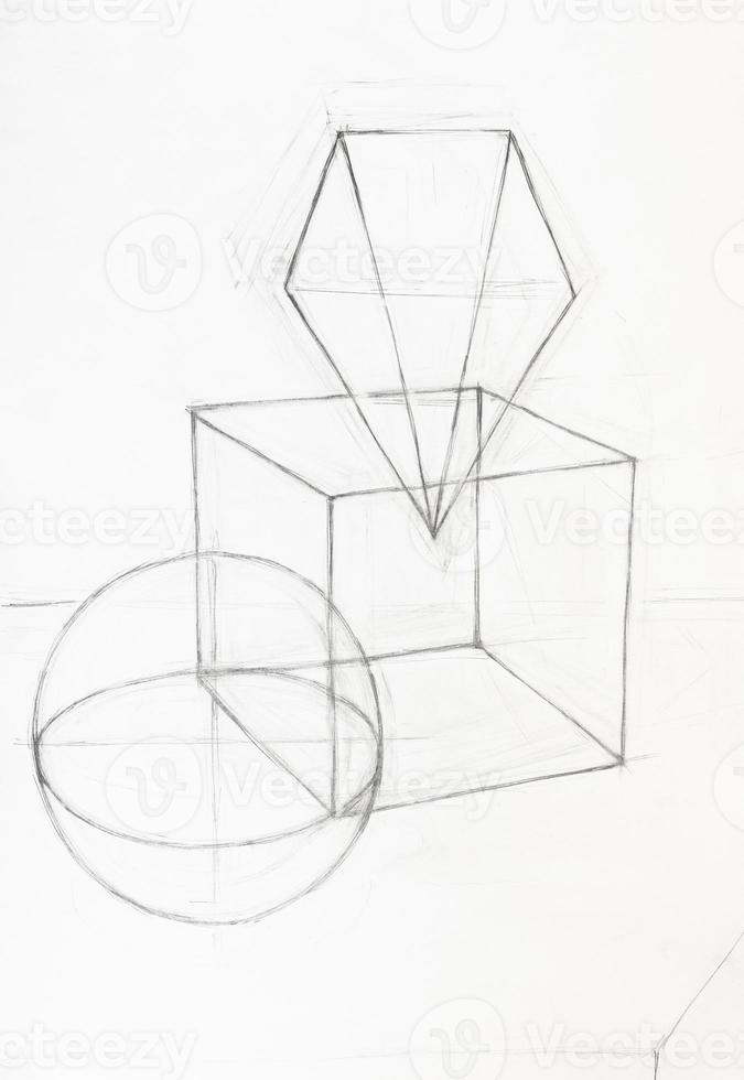 sketch of composition with ball, cube and pyramid photo