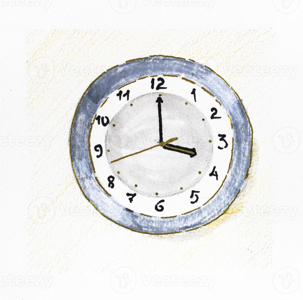 sketch of round clock showing 4 o'clock on dial photo