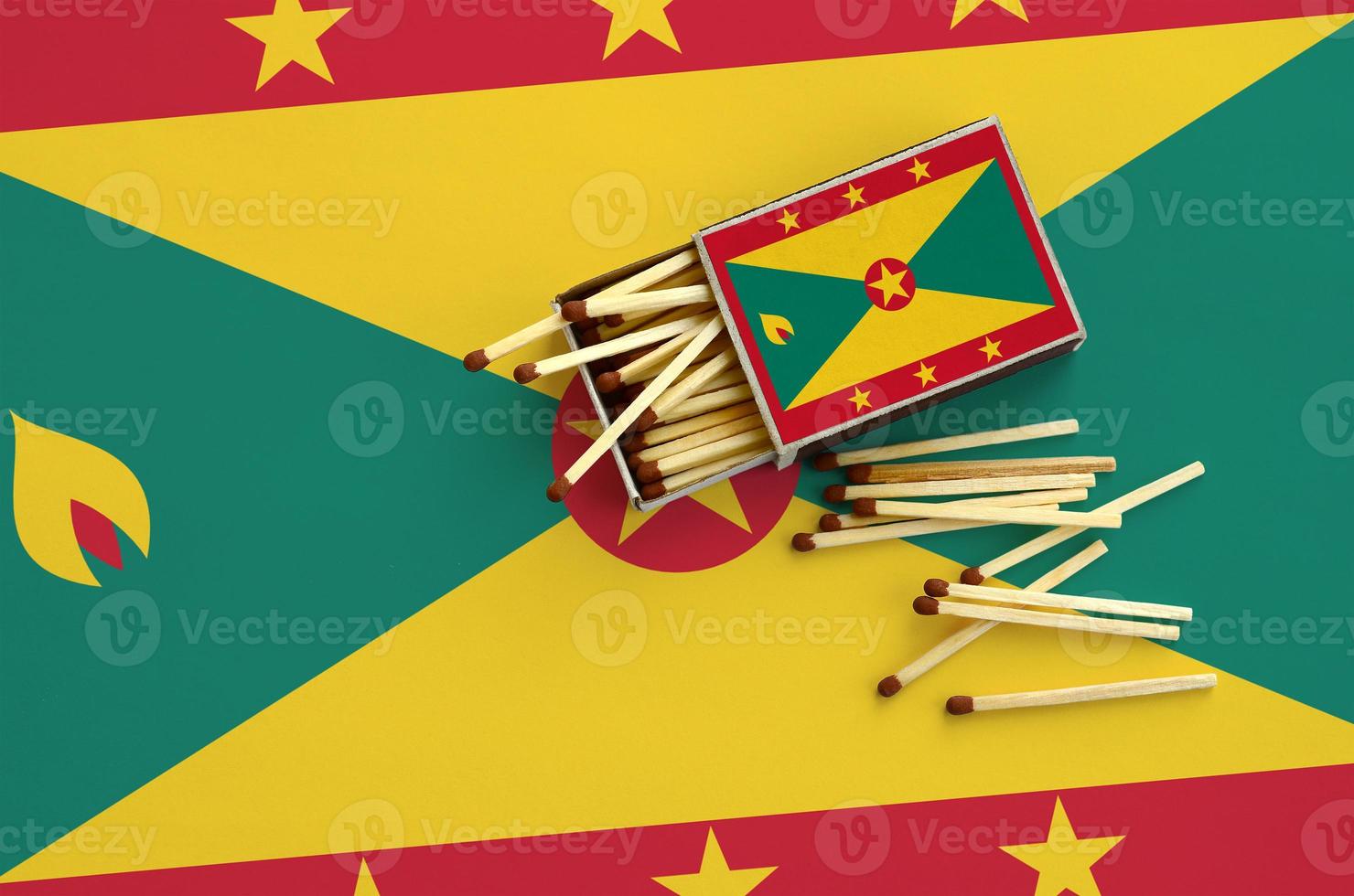 Grenada flag  is shown on an open matchbox, from which several matches fall and lies on a large flag photo