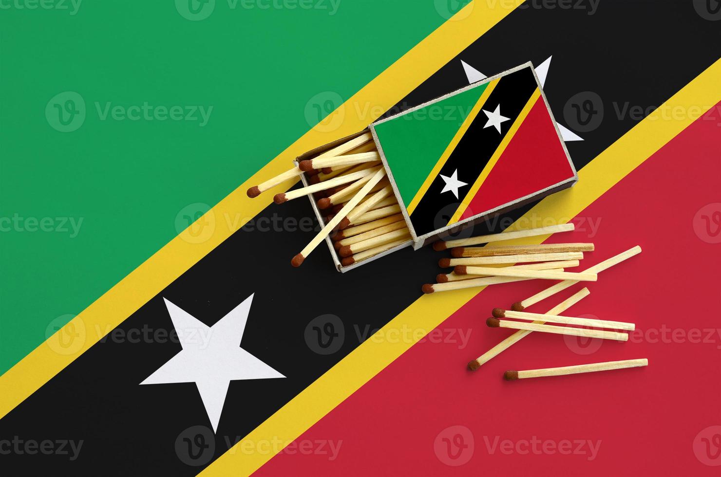 Saint Kitts and Nevis flag  is shown on an open matchbox, from which several matches fall and lies on a large flag photo