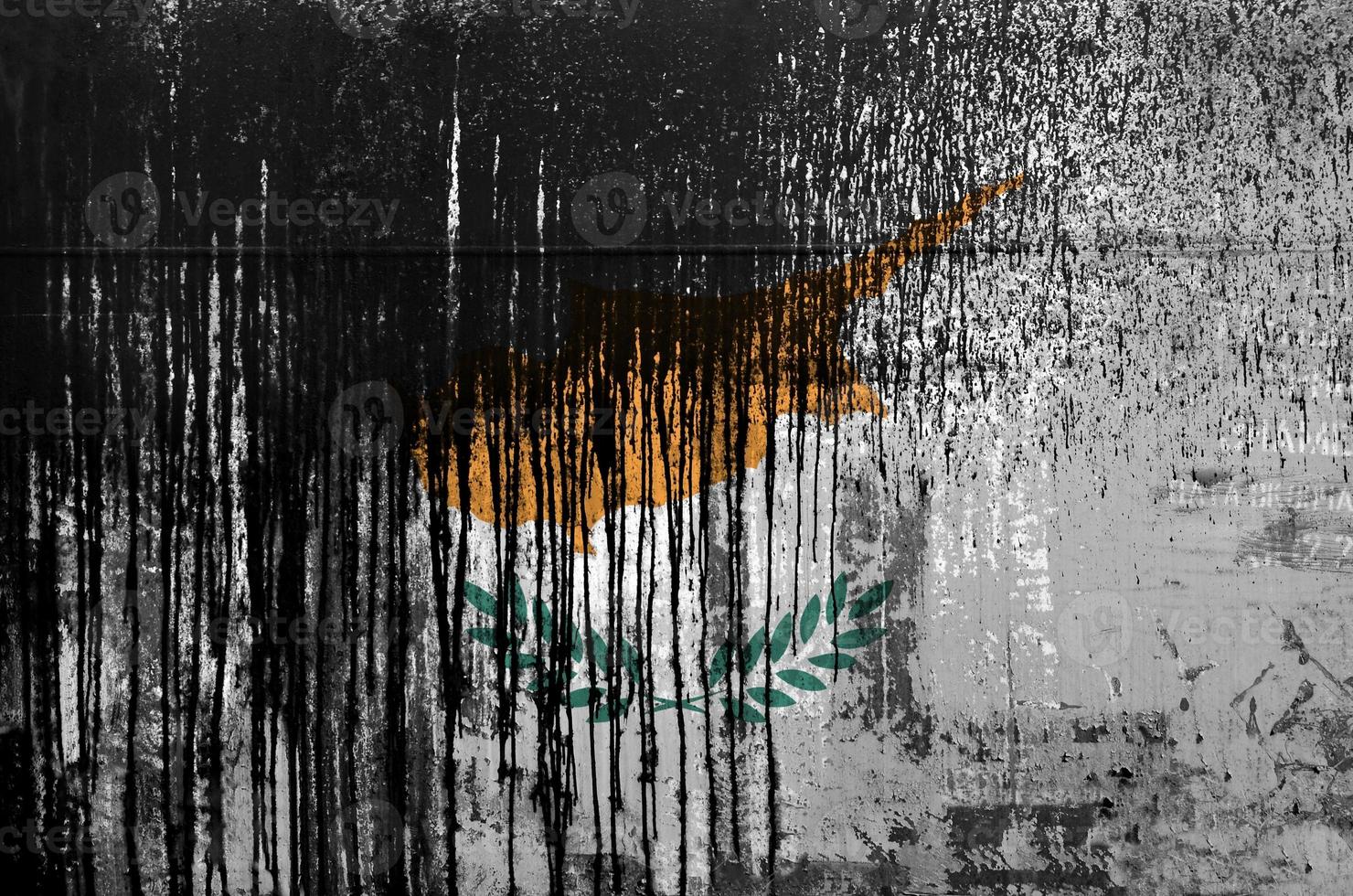 Cyprus flag depicted in paint colors on old and dirty oil barrel wall closeup. Textured banner on rough background photo