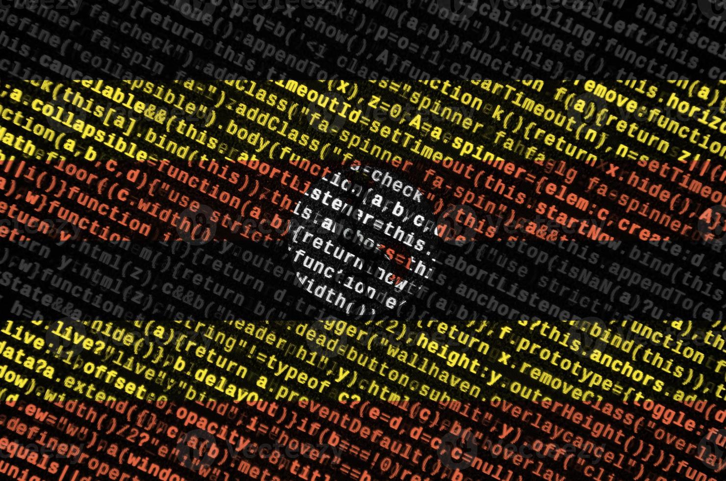 la bandera de uganda se representa en la pantalla con el código del programa. el concepto de tecnología moderna y desarrollo de sitios foto