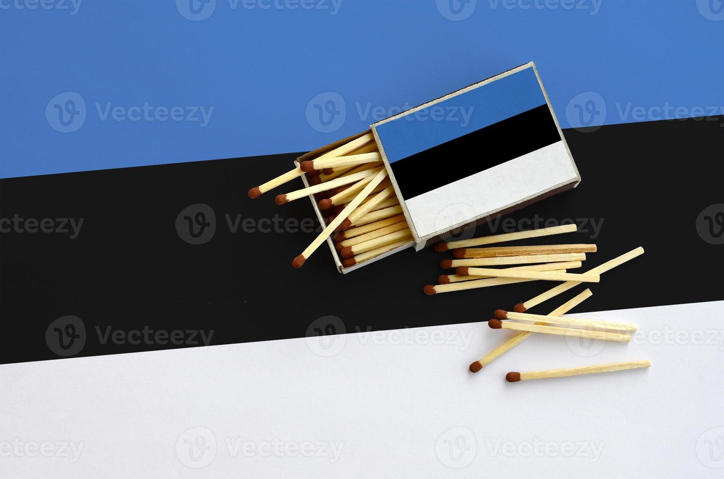 Estonia flag  is shown on an open matchbox, from which several matches fall and lies on a large flag photo