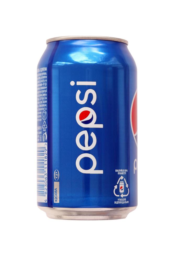 TERNOPIL, UKRAINE - MAY 28, 2022 Cold Pepsi drink can om white background. Pepsi is a carbonated soft drink produced by PepsiCo photo