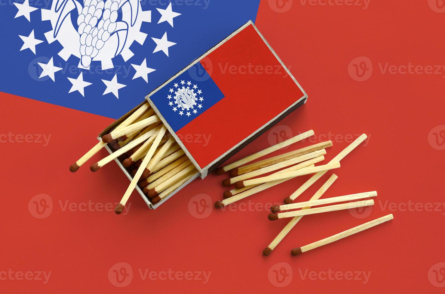 Myanmar flag  is shown on an open matchbox, from which several matches fall and lies on a large flag photo