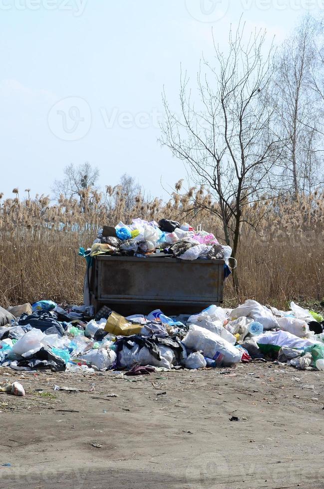 The garbage can is packed with garbage and waste. Untimely removal of garbage in populated areas photo